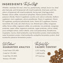 Dog food ingredient list and nutritional information on a white background