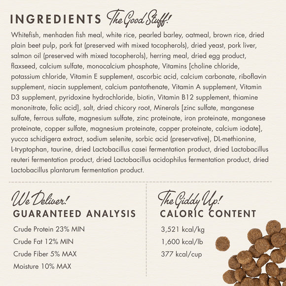 Dog food ingredient list and nutritional information on a white background