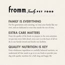 Fromm Family Pet Food advertisement with text about their commitment to pet care.