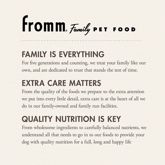 Fromm Family Pet Food advertisement with text about their commitment to pet care.