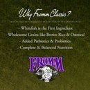 Promotional text about FROMM pet food on a green background with the FROMM logo.