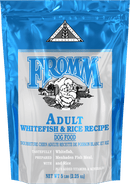 Fromm Adult Whitefish & Rice Recipe dog food packaging with blue and white design.