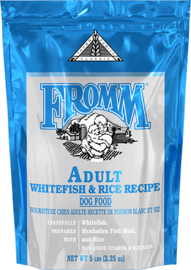 Fromm Adult Whitefish & Rice Recipe dog food packaging with blue and white design.