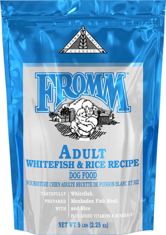 Fromm Adult Whitefish & Rice Recipe dog food packaging with blue and white design.