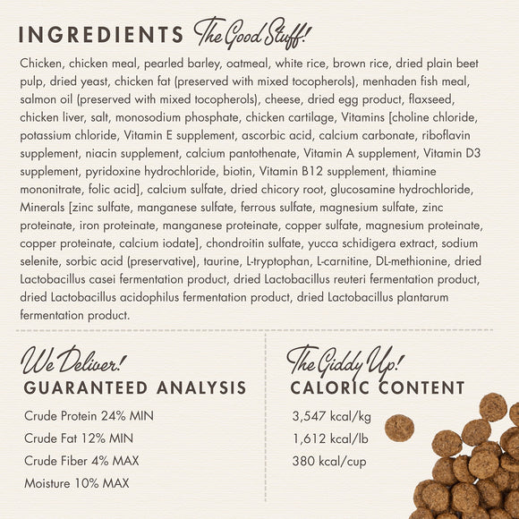 Dog food ingredient list and guaranteed analysis on a label with a small pile of dog food.