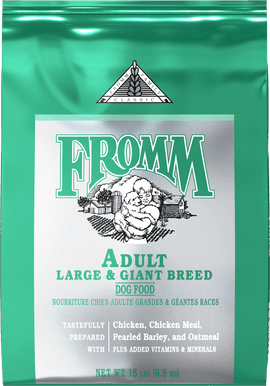 Fromm dog food package for adult large and giant breed dogs on a green background