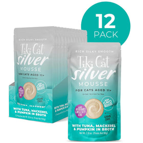 Tiki Cat Silver Mousse cat food packages with a teal circle displaying '12 Pack' on a white background.