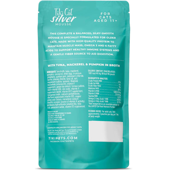 Teal package of Tiki Cat Silver Mousse for cats with text on a white background