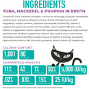 Cat food ingredient list with a black cat illustration on a white background
