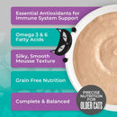 Cat food product with text highlighting features like antioxidants, omega fatty acids, texture, and nutrition for older cats.