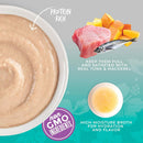 Nutritious food product with tuna, mackerel, and high-moisture broth on a teal background