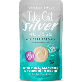 Tiki Cat Silver Mousse Tuna, Mackerel & Pumpkin Grain-Free Pate in Broth Wet Cat Food, 2.8-oz pouch, case of 12