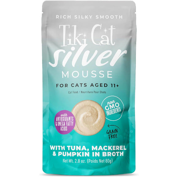 Tiki Cat Silver Mousse Tuna, Mackerel & Pumpkin Grain-Free Pate in Broth Wet Cat Food, 2.8-oz pouch, case of 12