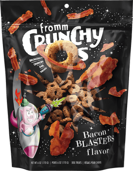 Packaging of Crunchy Bones dog treats with bacon flavor on a black background