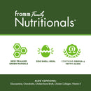 fromm Family Nutritionals product label with green hexagon, egg, and omega-3 icons on a green and white background.