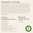 Dog food ingredient list and nutritional information on a white background