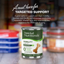 Can of Fromm Family Nutritionals Mobility supplement for dogs on a blurred background with text about product benefits.