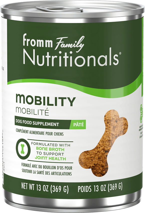 Can of Fromm Family Nutritionals Mobility dog food supplement on a white background