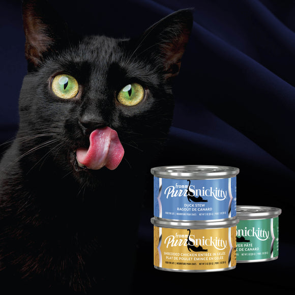 Black cat licking lips with PurSnickity cat food cans in the foreground