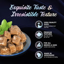 Cat treats on a plate with text highlighting quality, texture, and origin on a dark background