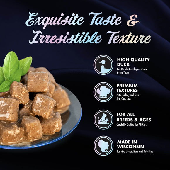 Cat treats on a plate with text highlighting quality, texture, and origin on a dark background
