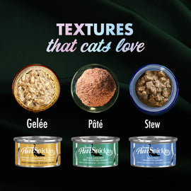 Cat food textures displayed with 'Textures that cats love' text on a dark background.