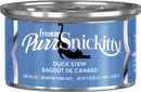 Can of PurrSnickitty Duck Stew cat food with blue label