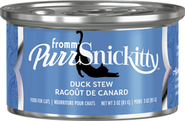 Can of PurrSnickitty Duck Stew cat food with blue label
