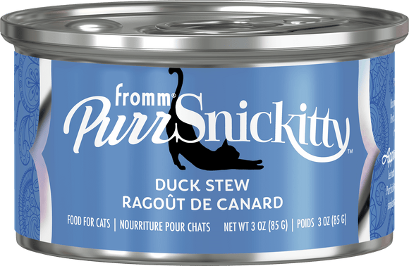 Can of PurrSnickitty Duck Stew cat food with blue label