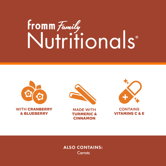 Fromm Family Nutritionals product label with icons and text on a brown and white background