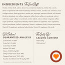 Dog food ingredient list, guaranteed analysis, and caloric content on a white background.