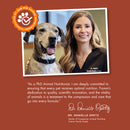 Woman with a dog on a brown background with a quote from Dr. Danielle Opetz.