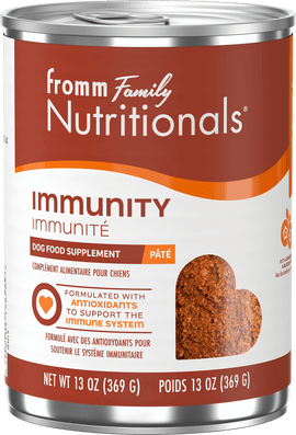 Can of Fromm Family Nutritionals Immunity dog food supplement on a white background