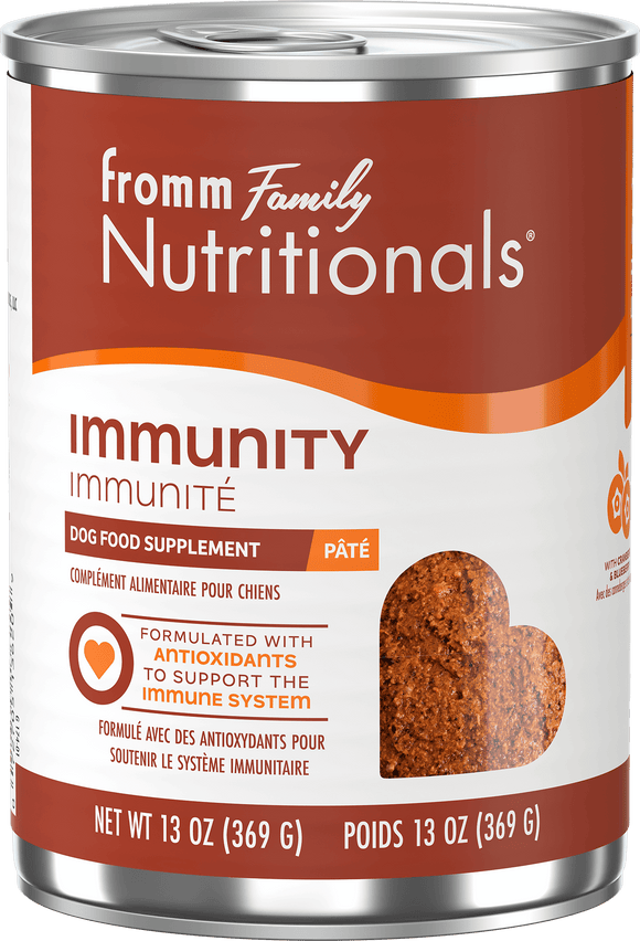 Can of Fromm Family Nutritionals Immunity dog food supplement on a white background