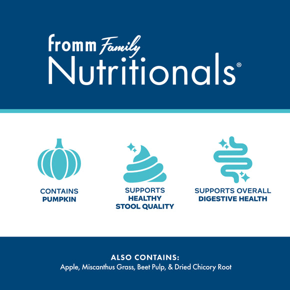 Fromm Family Nutritionals product label with icons and text on a blue and white background