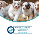 Puppies with a fiber blend for gut health text and logo