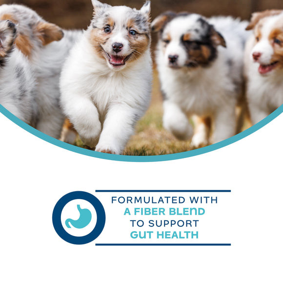 Puppies with a fiber blend for gut health text and logo