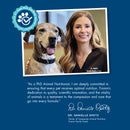 Woman with a dog on a blue background with text and a logo.