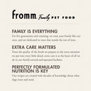 Fromm Family Pet Food advertisement with text about their commitment to pet care.