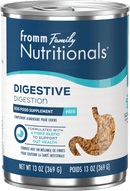 Can of Fromm Family Nutritionals Digestive Digestion dog food supplement on a black background