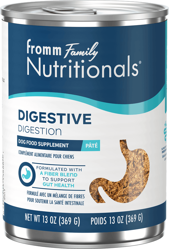 Can of Fromm Family Nutritionals Digestive Digestion dog food supplement on a black background
