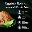 Cat food product with text highlighting quality, texture, and origin on a dark background