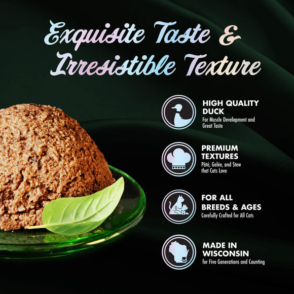 Cat food product with text highlighting quality, texture, and origin on a dark background