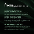 Fromm Family Pet Food advertisement with text on a dark background