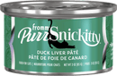Can of Fromm PurrSnickitty Duck Liver Páté for cats on a green background