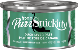 Can of Fromm PurrSnickitty Duck Liver Páté for cats on a green background