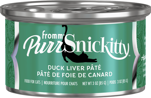 Can of Fromm PurrSnickitty Duck Liver Páté for cats on a green background