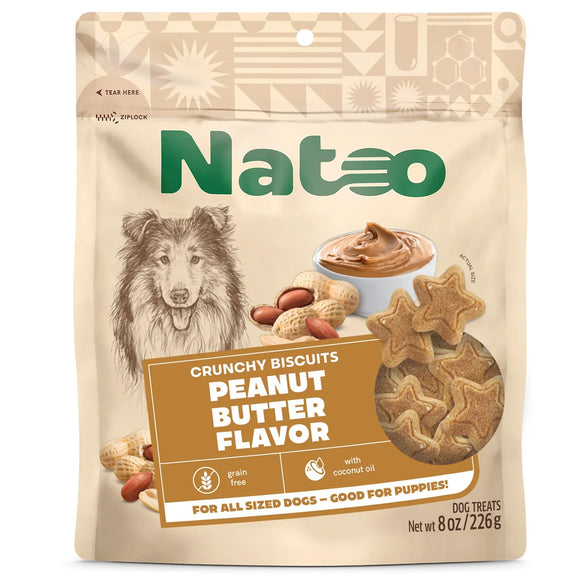 Natoo Crunchy Biscuits Peanut Butter Flavor dog treats packaging on a beige background