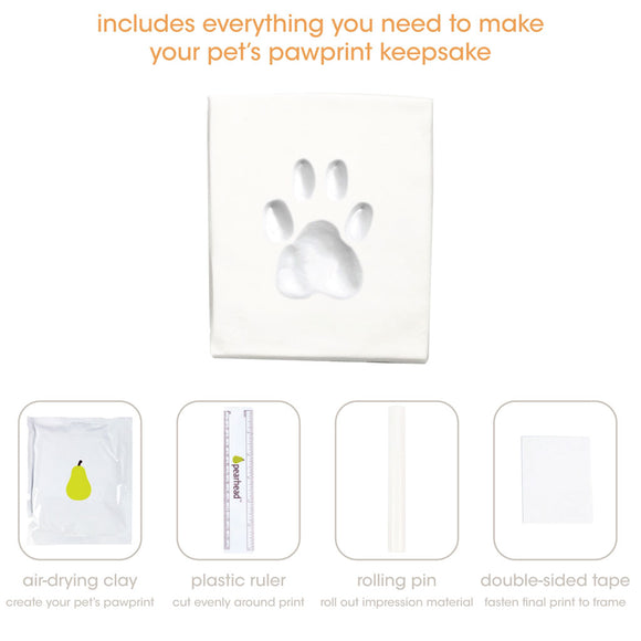 Pet pawprint keepsake kit with air-drying clay, plastic ruler, rolling pin, and double-sided tape on a white background.