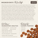 Dog food label with ingredients list, guaranteed analysis, and caloric content.